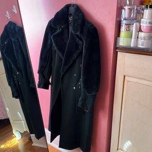 Petite Italian Wool Shearling Mix Midi Coat
